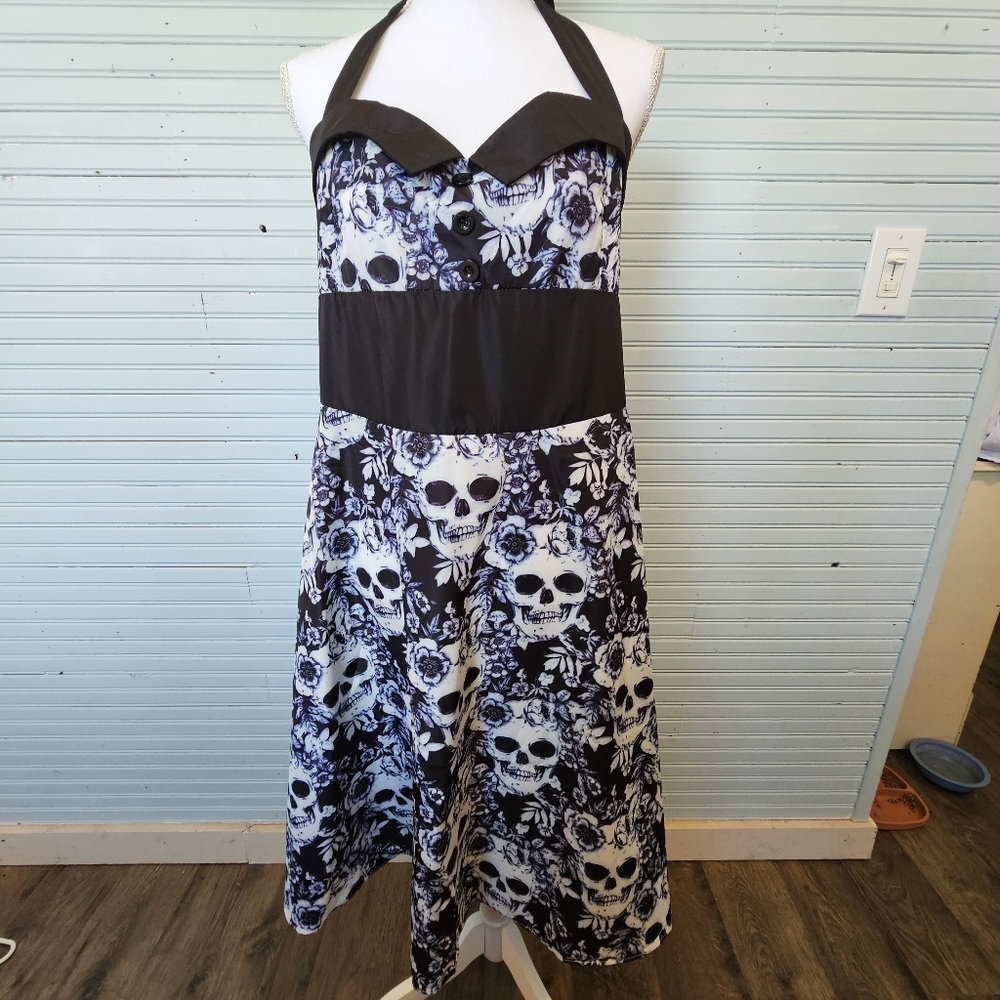 Skull Print Halter "Costume" Dress Black White Women's Size XL